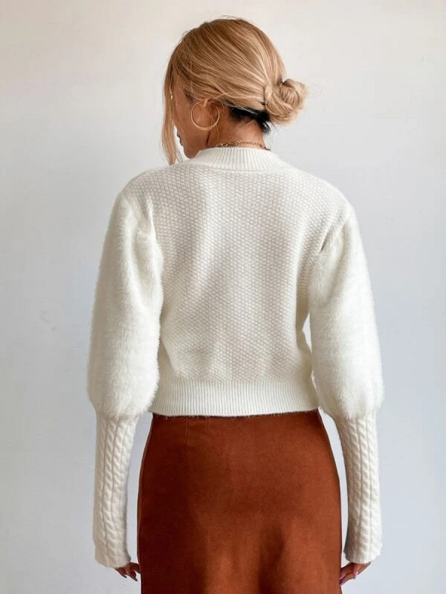 Mock Neck Lantern Sleeve Cable Knit Sweater