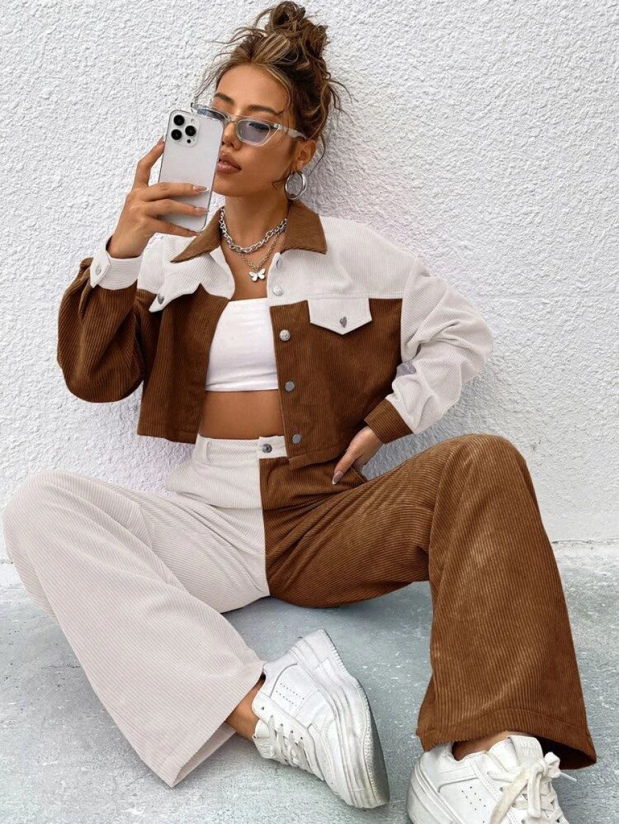 Two Tone Drop Shoulder Crop Jacket & High Waist Pants