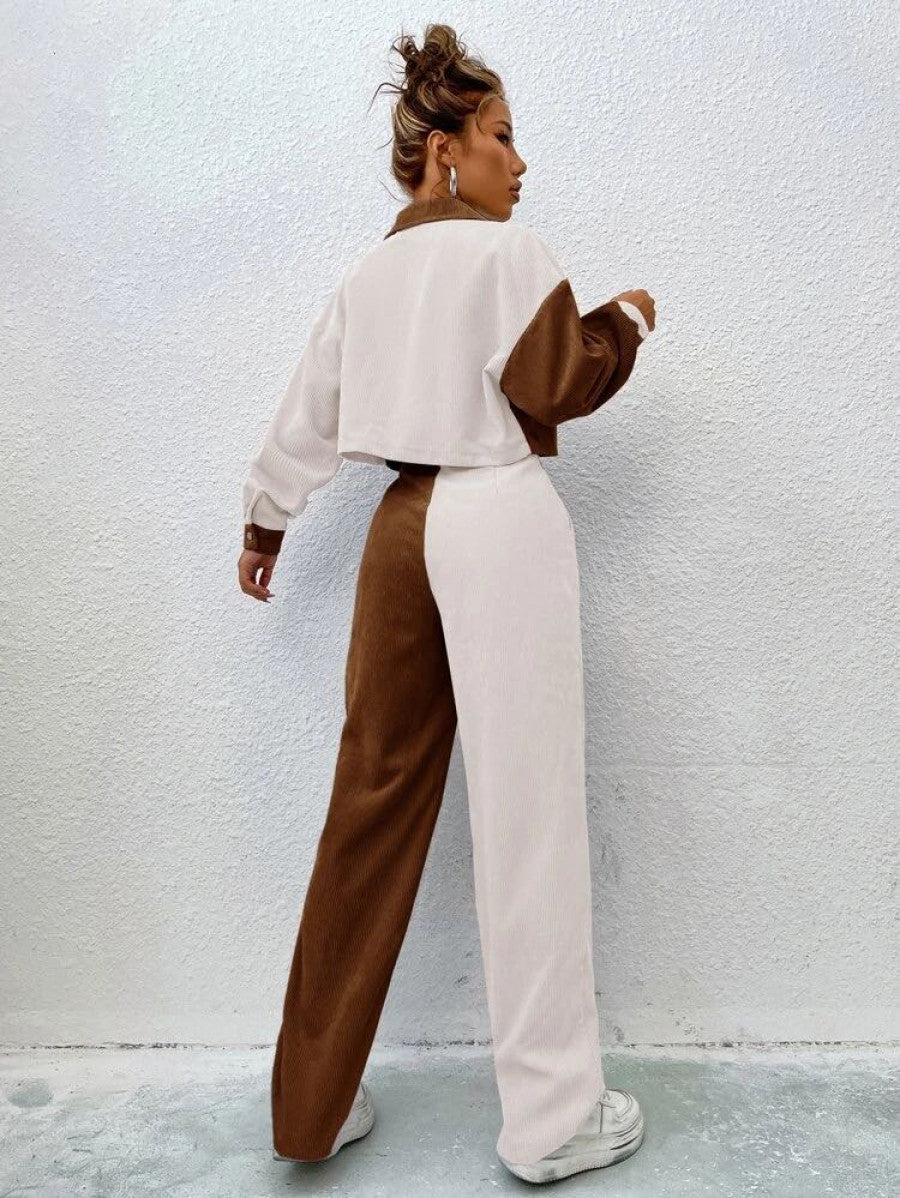 Two Tone Drop Shoulder Crop Jacket & High Waist Pants