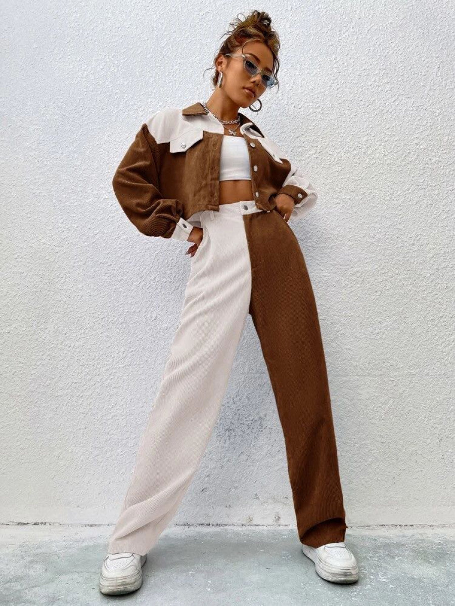 Two Tone Drop Shoulder Crop Jacket & High Waist Pants