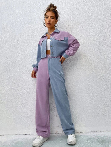 Two Tone Drop Shoulder Crop Jacket & High Waist Pants