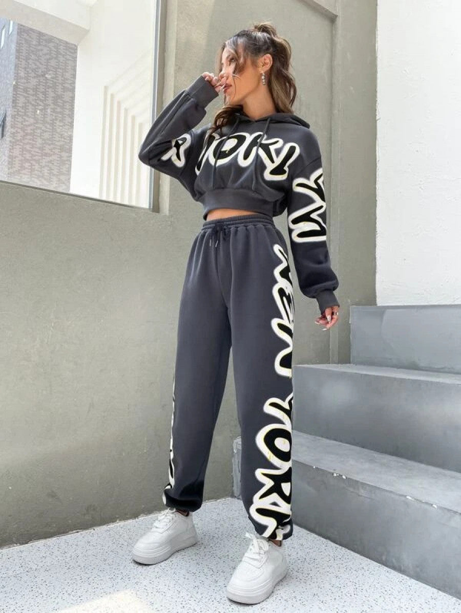 Letter Graphic Drop Shoulder Hoodie & Sweatpants