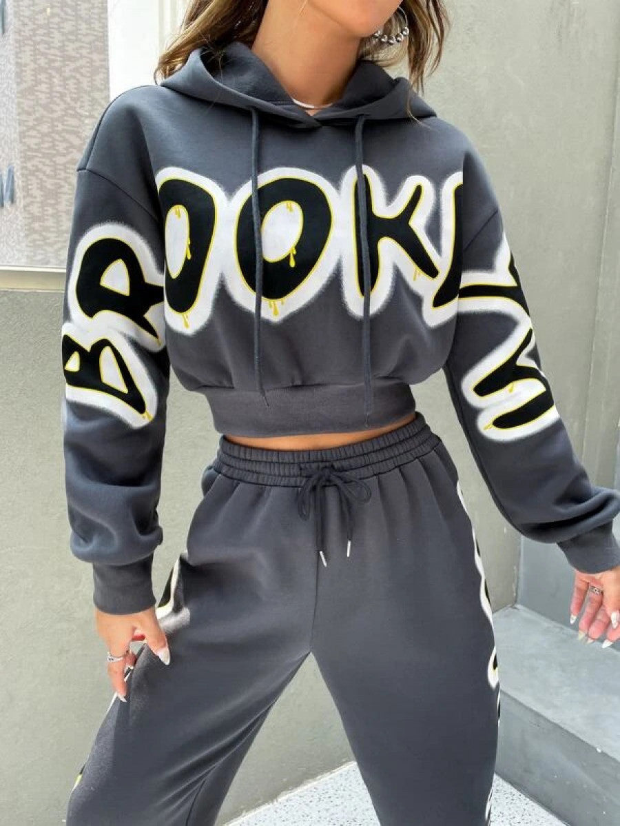 Letter Graphic Drop Shoulder Hoodie & Sweatpants