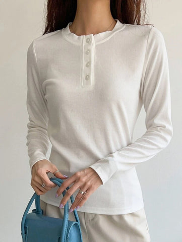 DAZY Quarter Button Rib Knit Tee