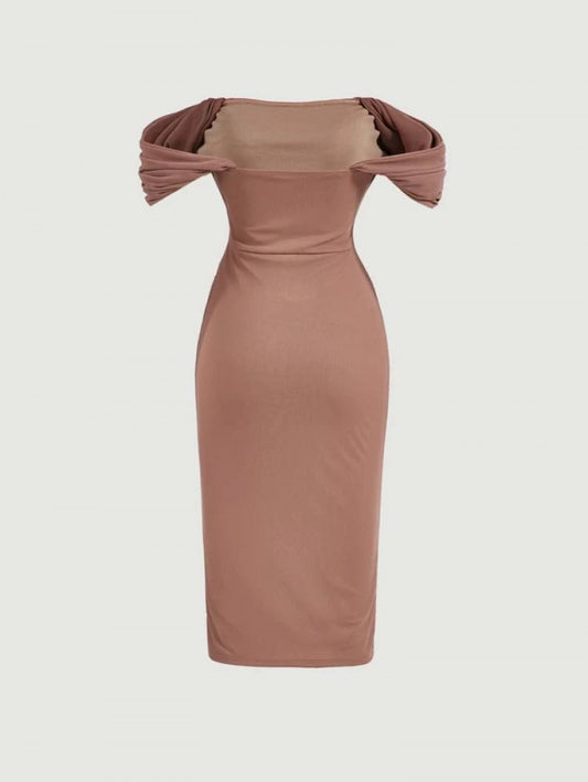 MOD Off Shoulder Ruched Mesh Bodycon Dress