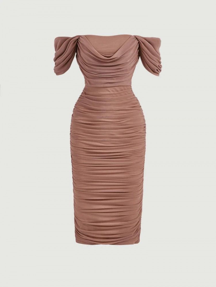 MOD Off Shoulder Ruched Mesh Bodycon Dress