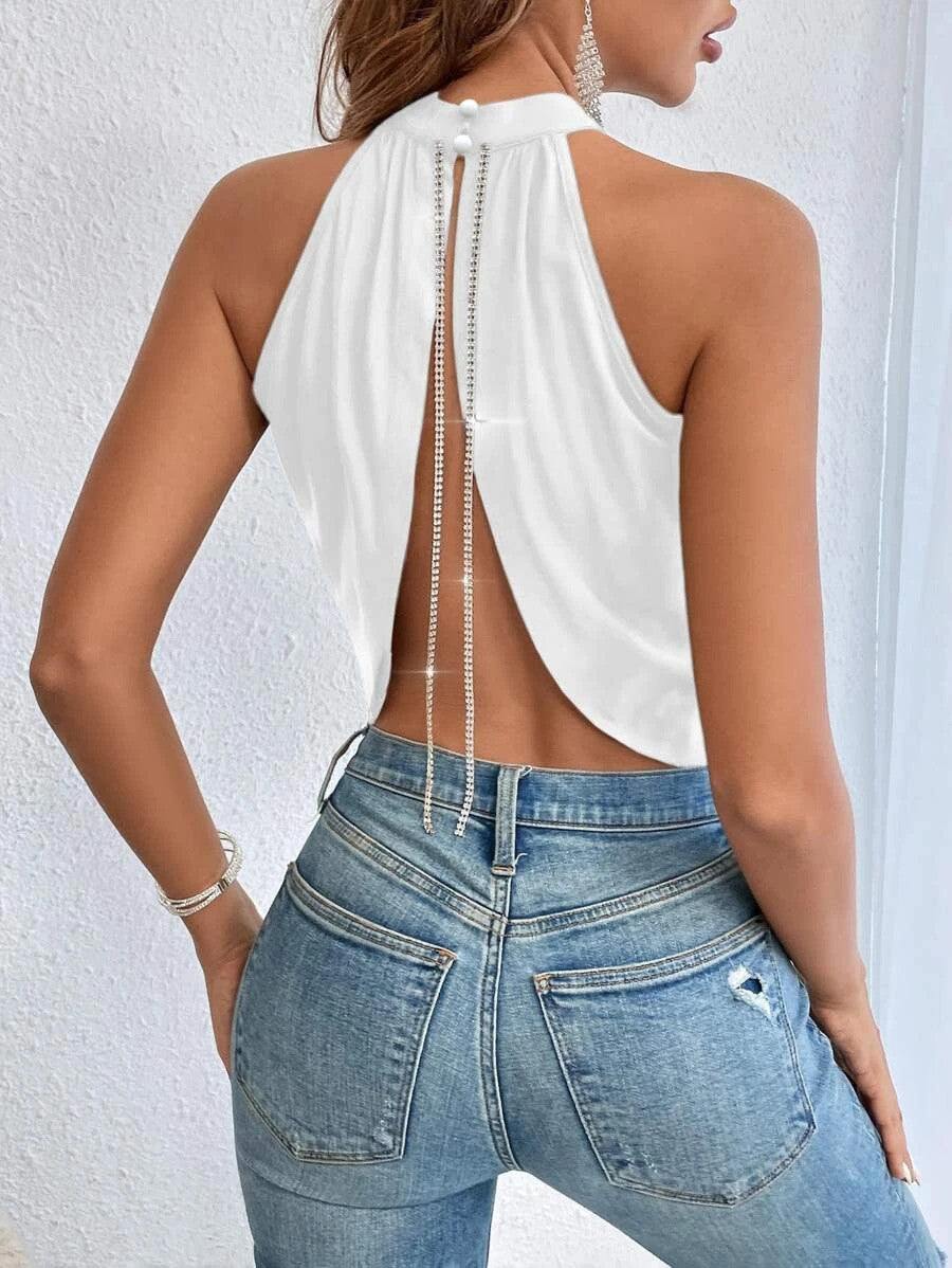 Rhinestone Chain Detail Backless Halter Top