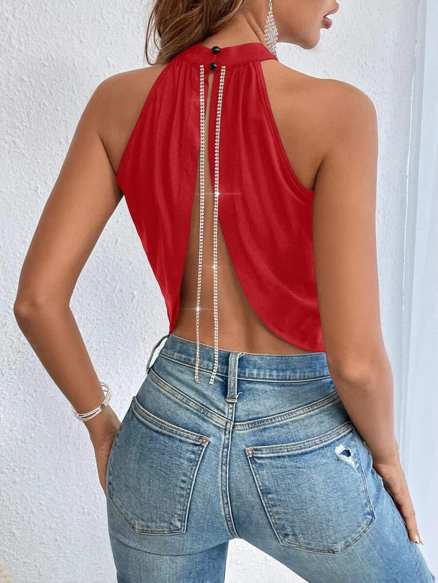 Rhinestone Chain Detail Backless Halter Top