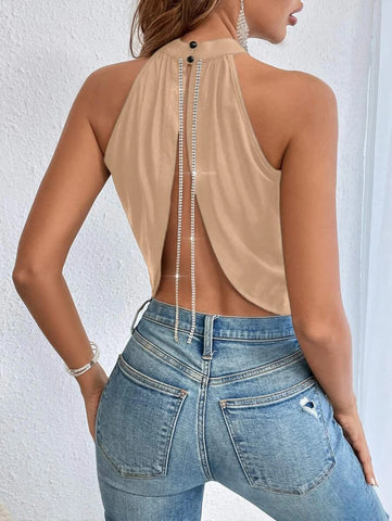 Rhinestone Chain Detail Backless Halter Top