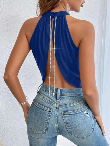 Rhinestone Chain Detail Backless Halter Top