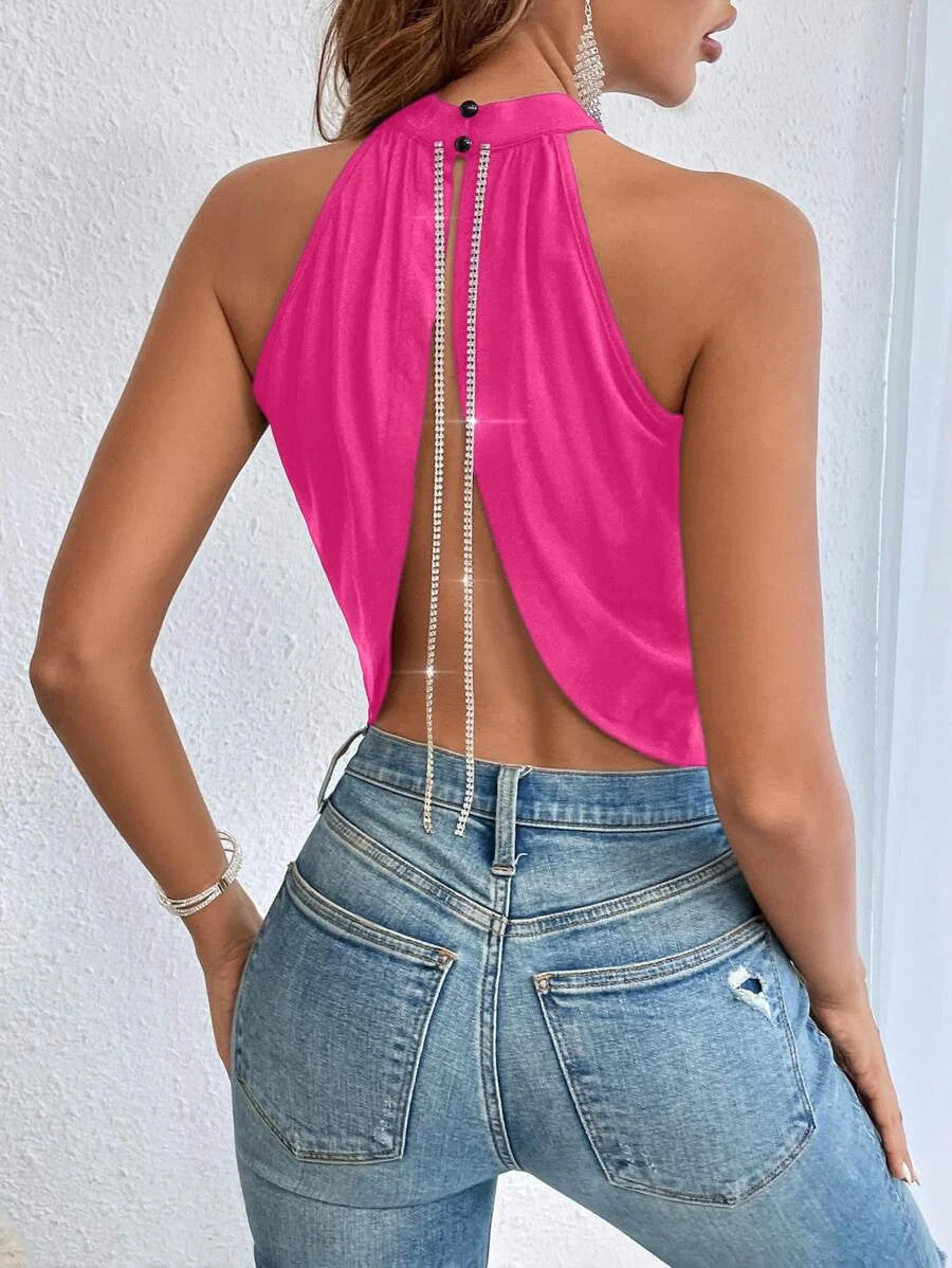 Rhinestone Chain Detail Backless Halter Top