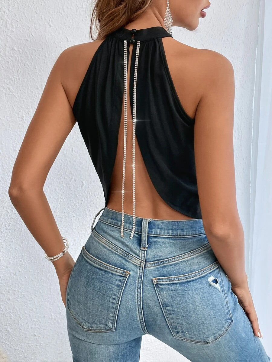 Rhinestone Chain Detail Backless Halter Top