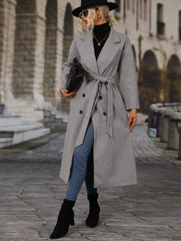Lapel Neck Double Breasted Drop Shoulder Belted Overcoat