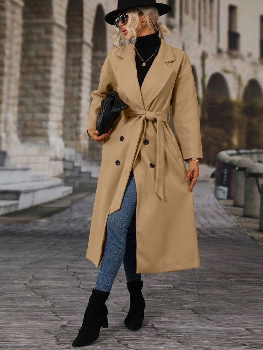 Lapel Neck Double Breasted Drop Shoulder Belted Overcoat