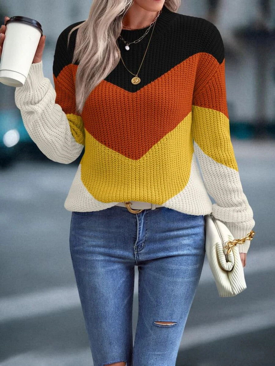 Color Block Chevron Pattern Drop Shoulder Sweater