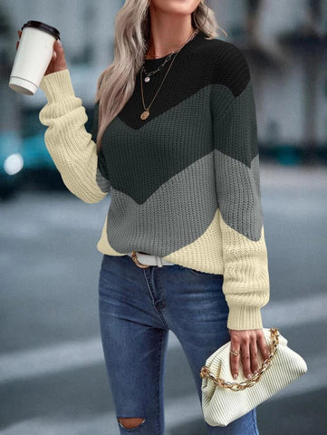 Color Block Chevron Pattern Drop Shoulder Sweater