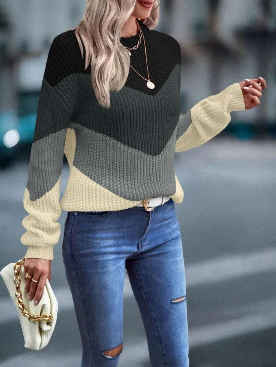 Color Block Chevron Pattern Drop Shoulder Sweater