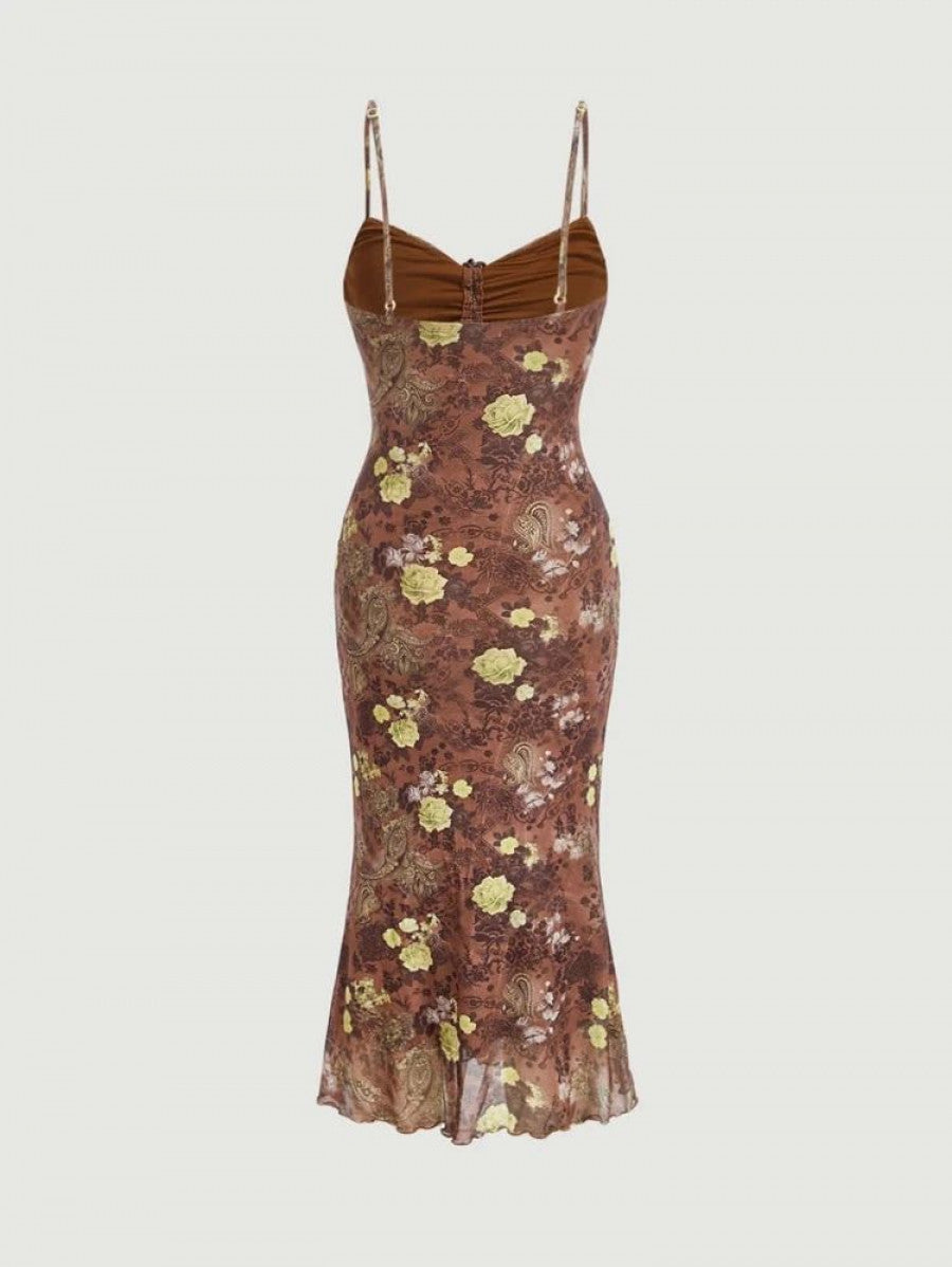 MOD Floral & Paisley Print Tie Front Ruched Bust Lettuce Trim Cami Dress