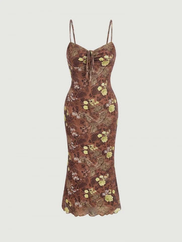 MOD Floral & Paisley Print Tie Front Ruched Bust Lettuce Trim Cami Dress