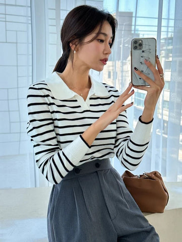 DAZY Striped Pattern Collared Sweater