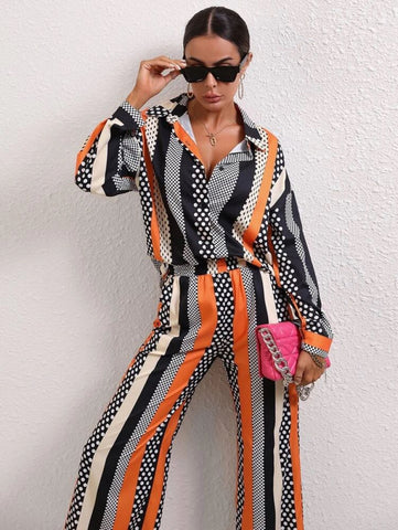 Allover Print Button Front Drop Shoulder Shirt & Wide Leg Pants