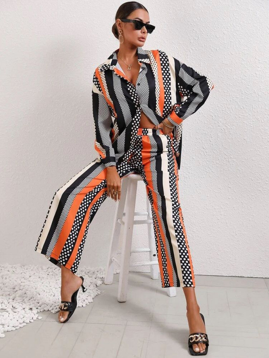 Allover Print Button Front Drop Shoulder Shirt & Wide Leg Pants