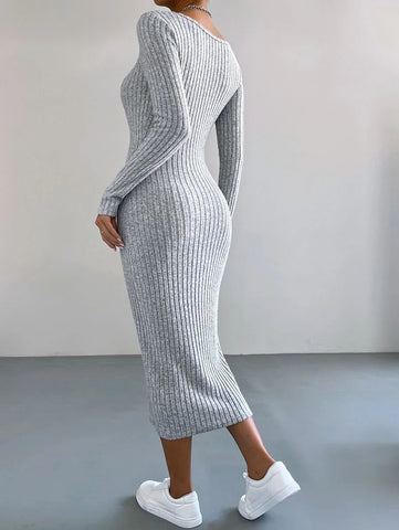 EZwear V Neck Ribbed Knit Bodycon Dress