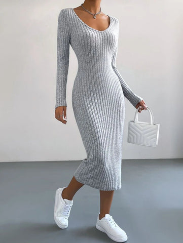 EZwear V Neck Ribbed Knit Bodycon Dress