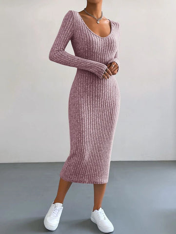 EZwear V Neck Ribbed Knit Bodycon Dress