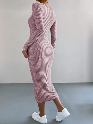 EZwear V Neck Ribbed Knit Bodycon Dress