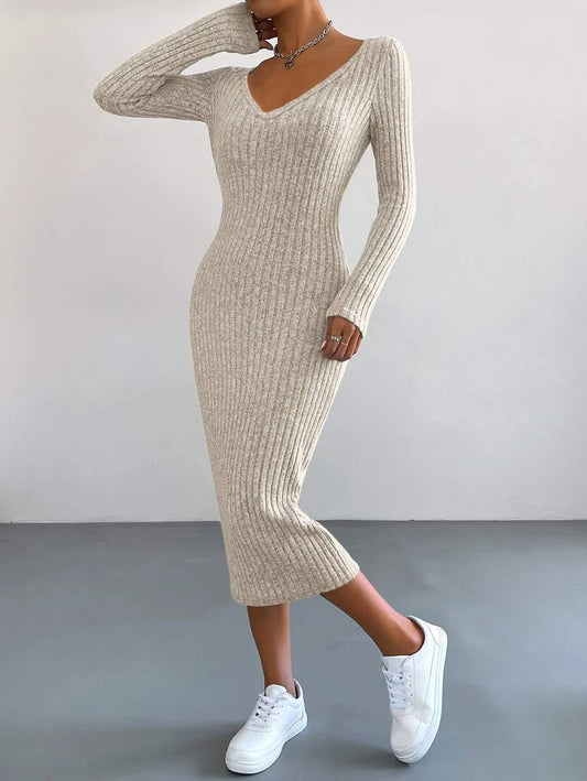 EZwear V Neck Ribbed Knit Bodycon Dress