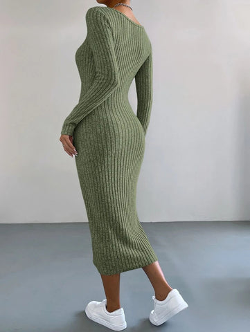 EZwear V Neck Ribbed Knit Bodycon Dress