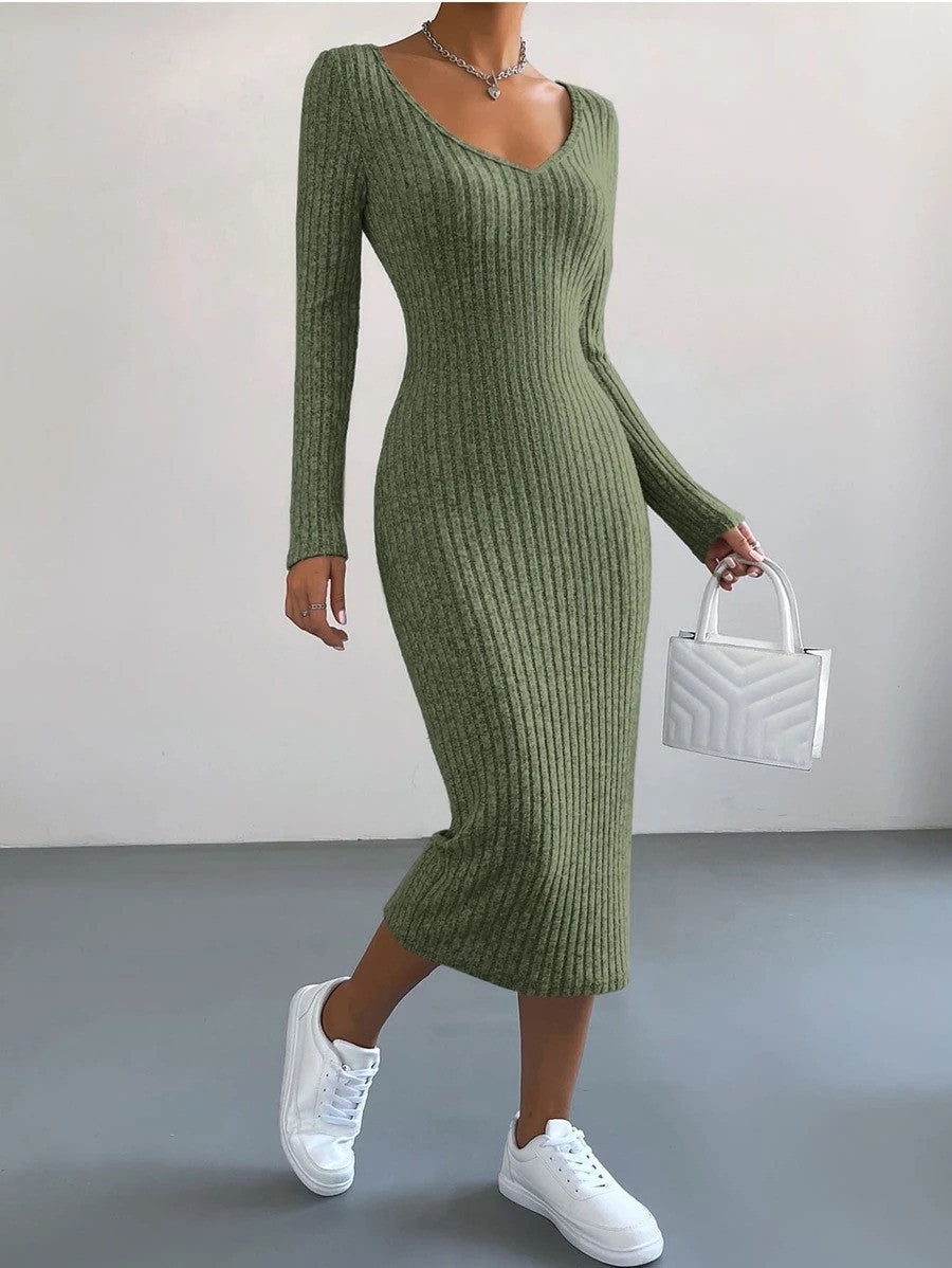 EZwear V Neck Ribbed Knit Bodycon Dress