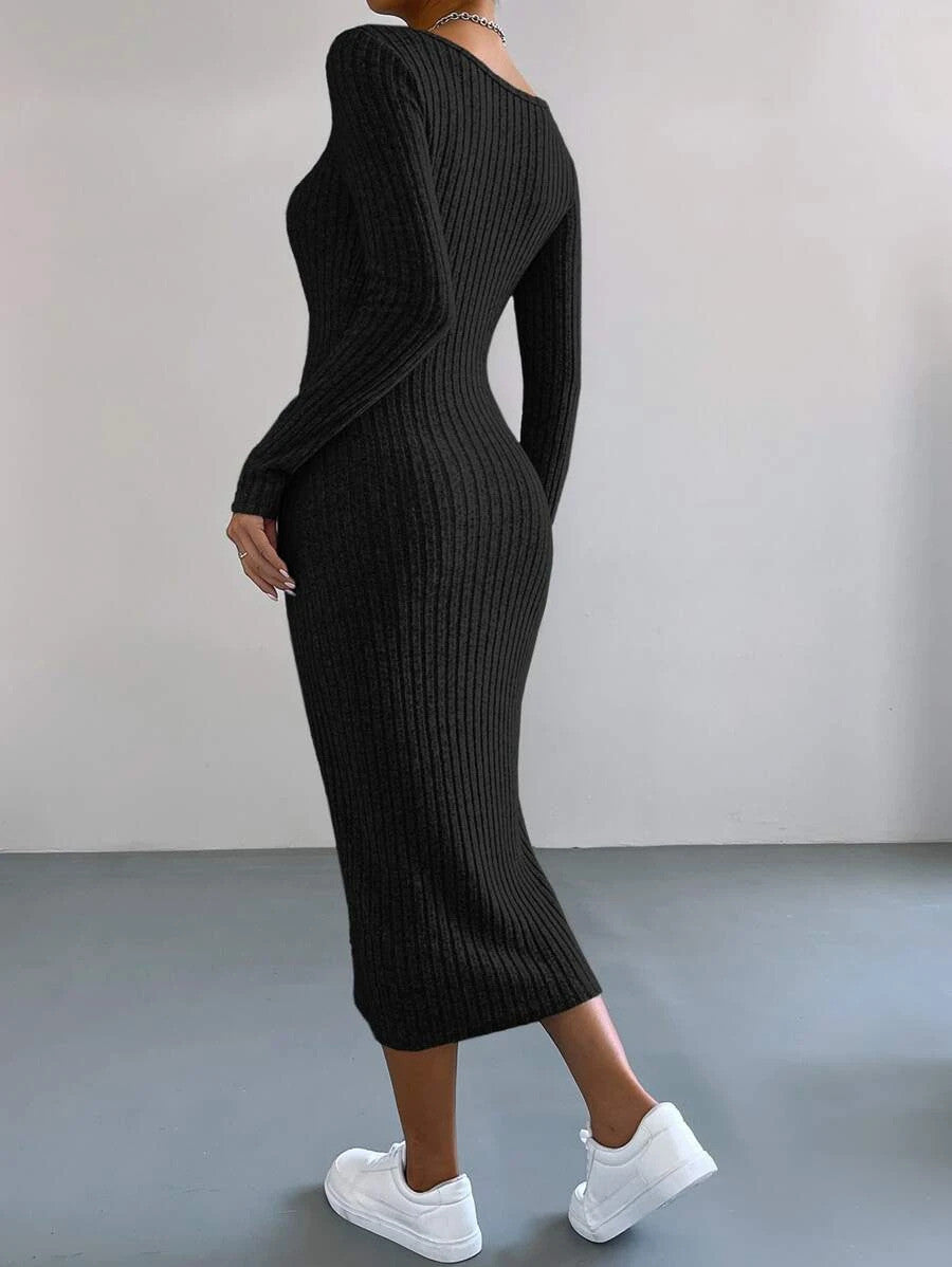 EZwear V Neck Ribbed Knit Bodycon Dress