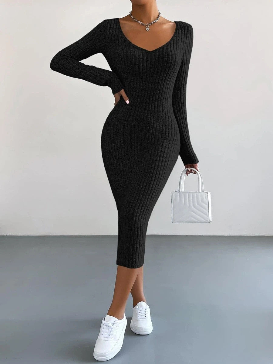 EZwear V Neck Ribbed Knit Bodycon Dress