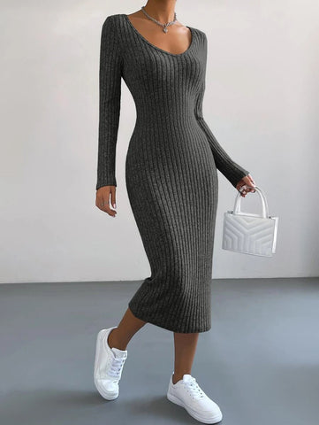 EZwear V Neck Ribbed Knit Bodycon Dress