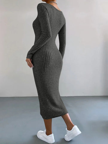 EZwear V Neck Ribbed Knit Bodycon Dress