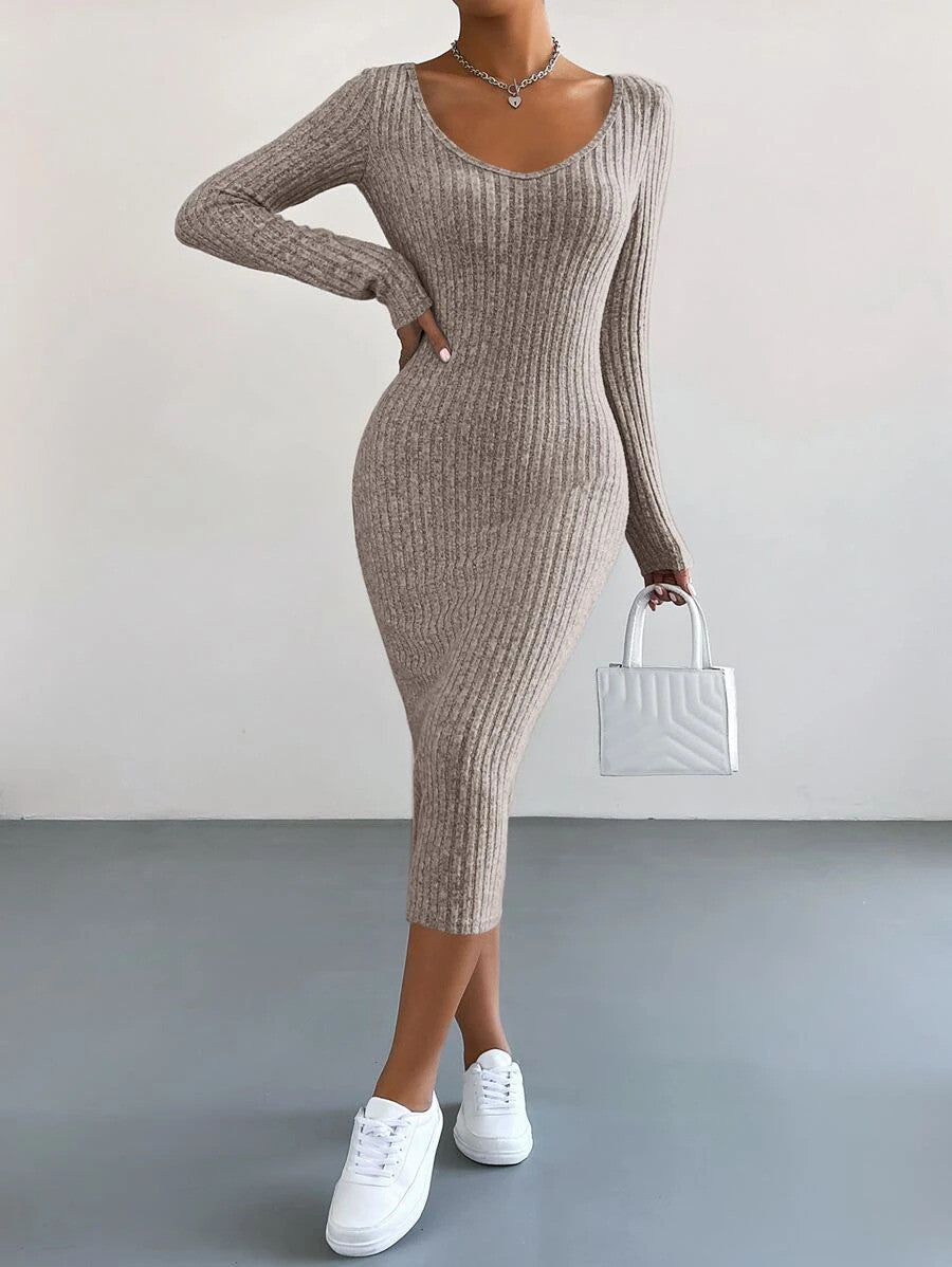 EZwear V Neck Ribbed Knit Bodycon Dress