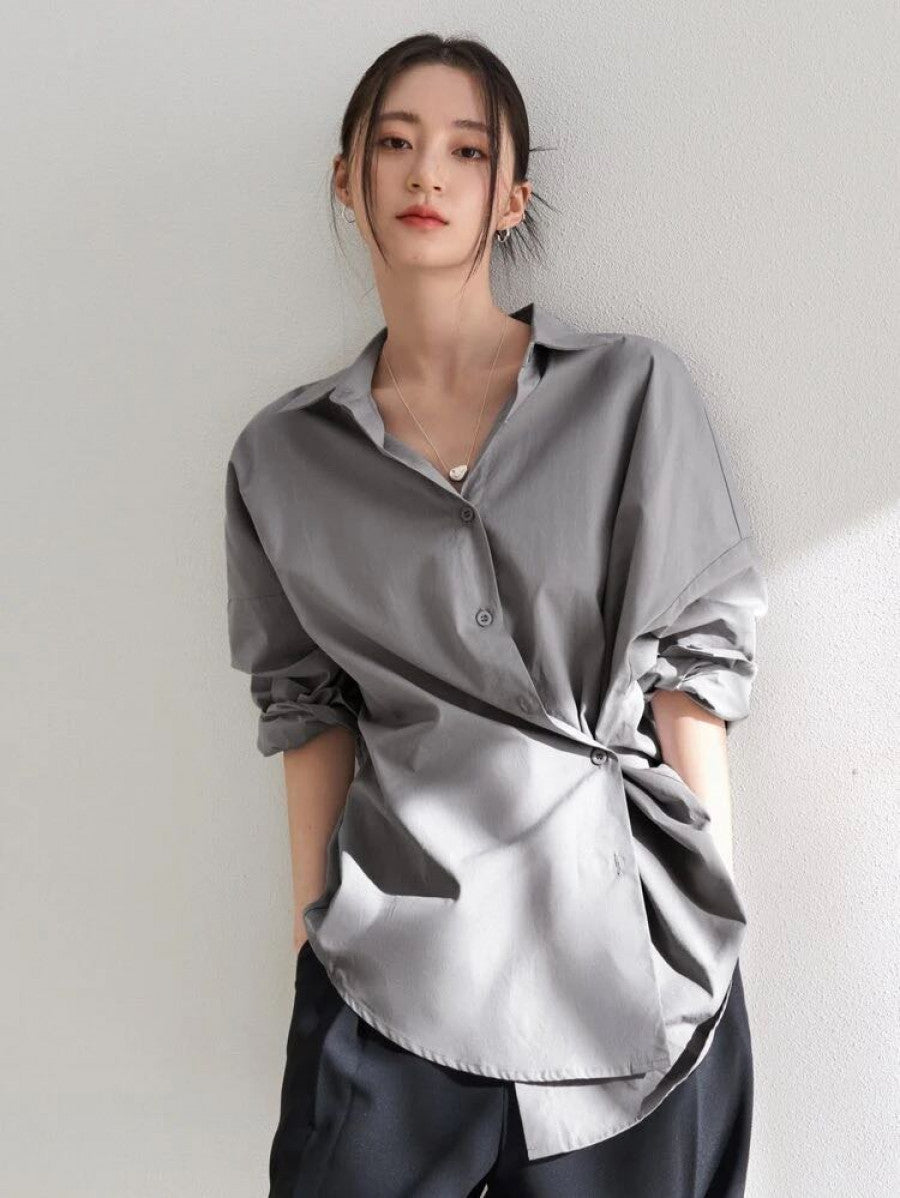 Dazy-Less Drop Shoulder Curved Hem Button Front Shirt