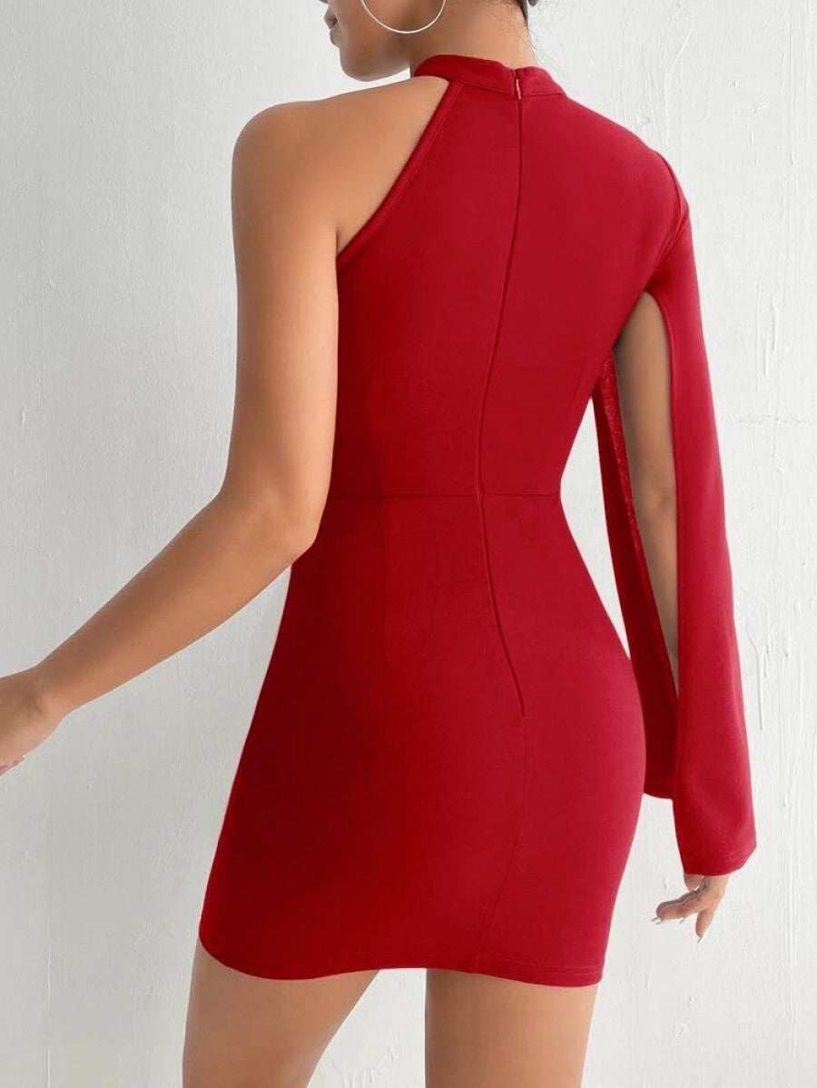 PETITE Asymmetrical Neck Cloak Sleeve Bodycon Dress