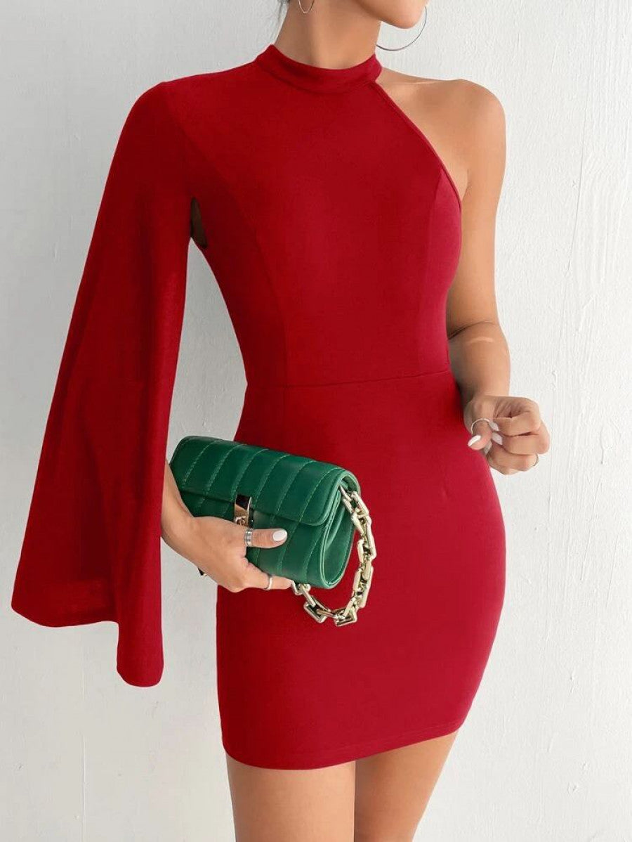 PETITE Asymmetrical Neck Cloak Sleeve Bodycon Dress