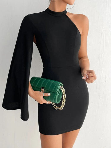 PETITE Asymmetrical Neck Cloak Sleeve Bodycon Dress