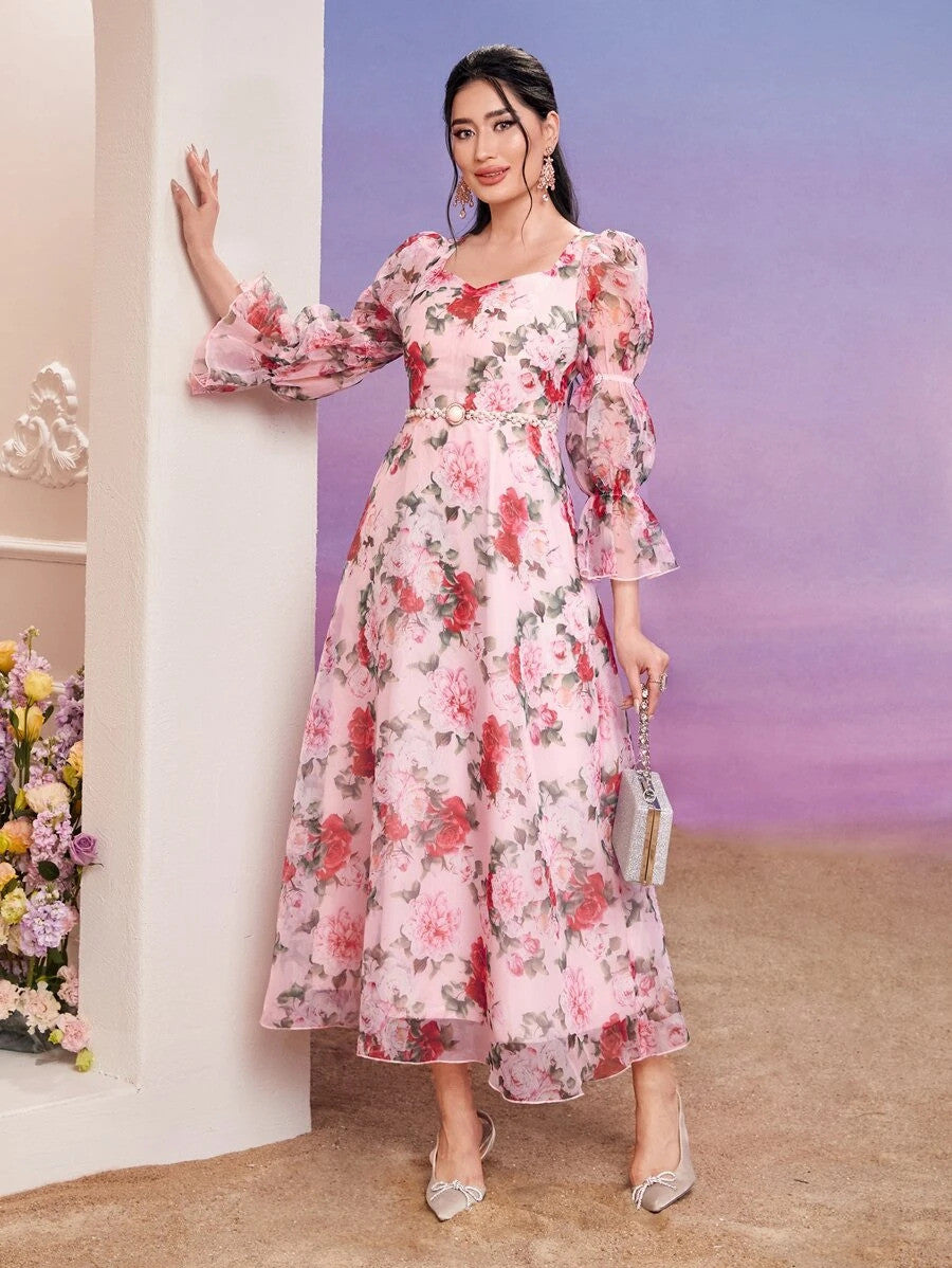 Modely Floral Print Sweetheart Neck Flounce Sleeve Organza Dress Without Belt