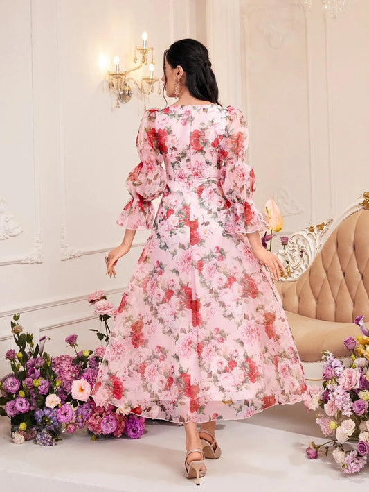 Modely Floral Print Sweetheart Neck Flounce Sleeve Organza Dress Without Belt