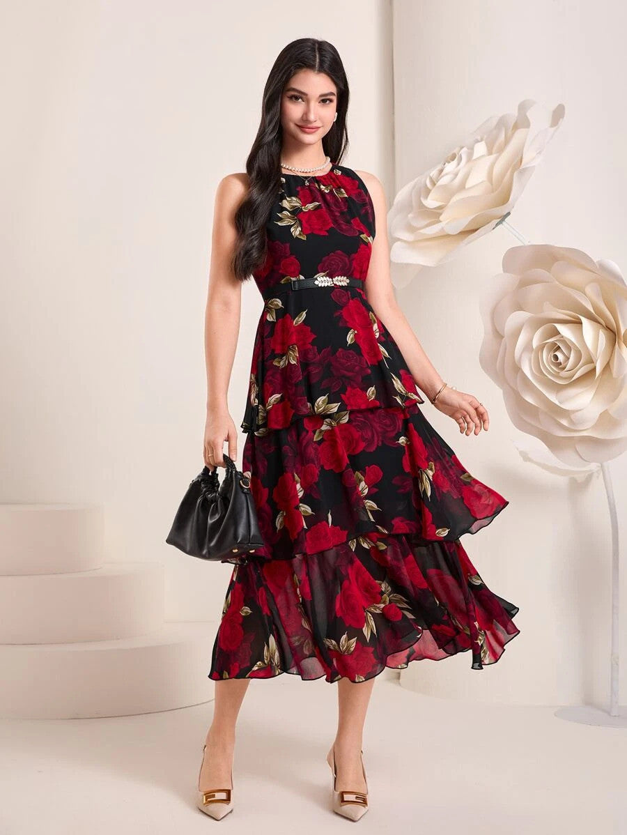 Allover Floral Print Layer Hem Dress