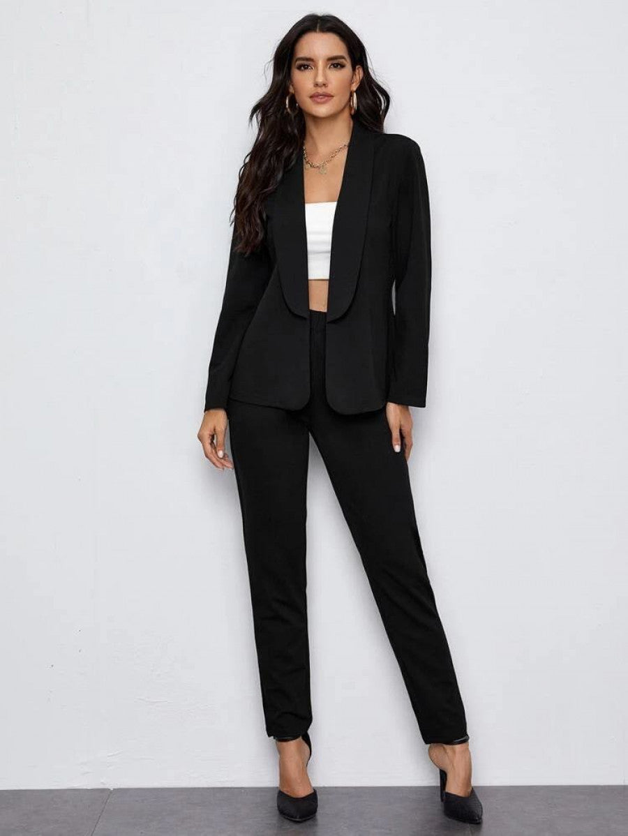 Shawl Collar Open Front Blazer and Slant Pocket Pants Set