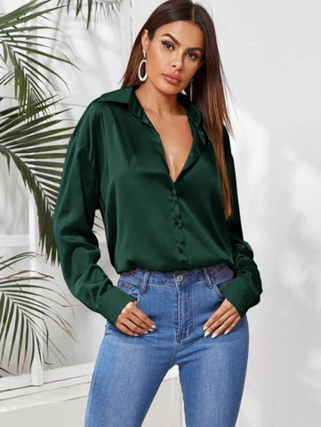 Satin Button Up Curved Hem Blouse