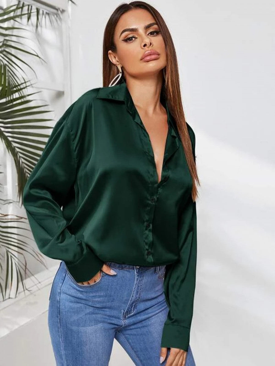 Satin Button Up Curved Hem Blouse