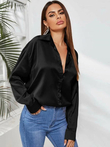 Satin Button Up Curved Hem Blouse