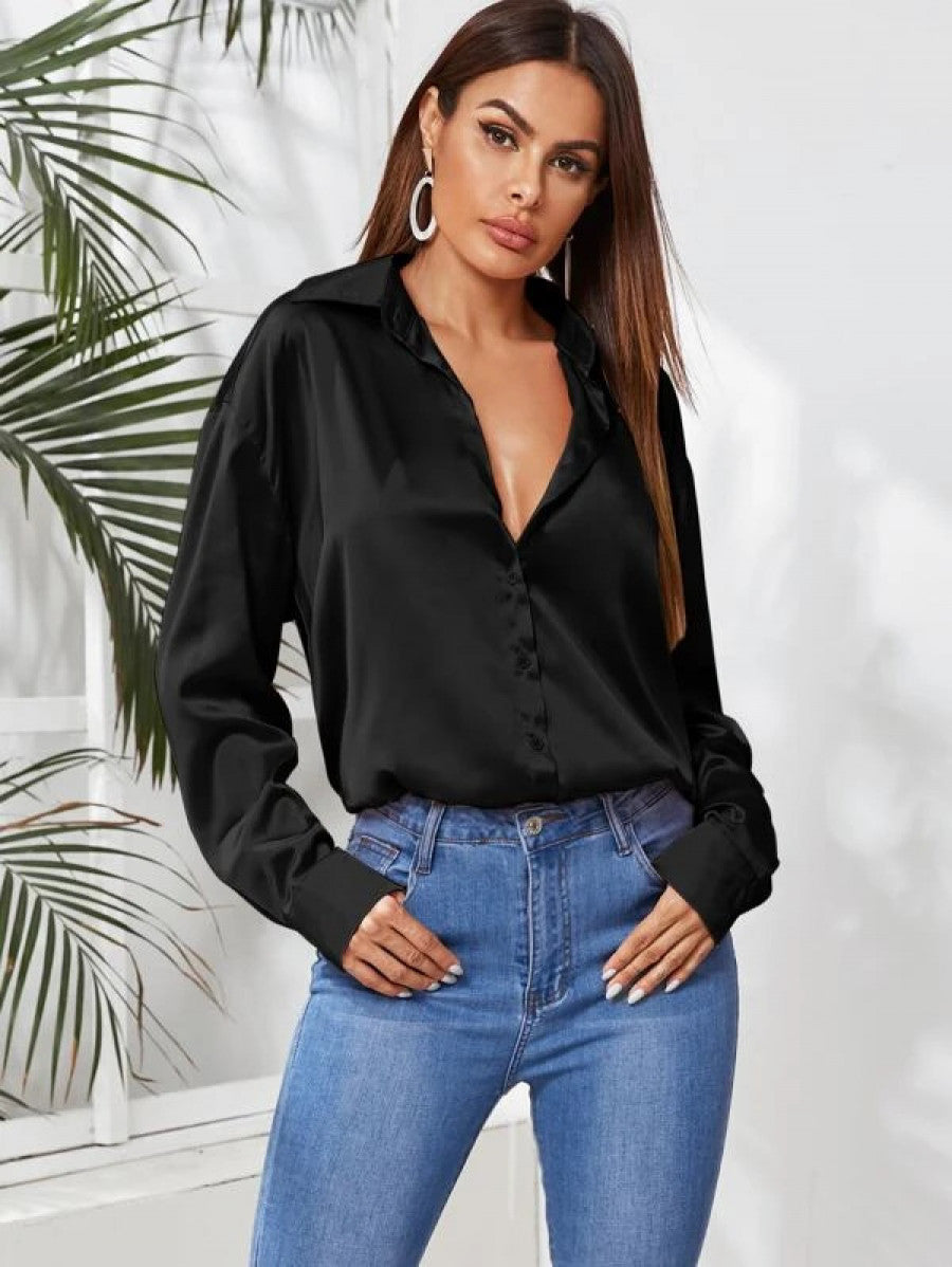 Satin Button Up Curved Hem Blouse